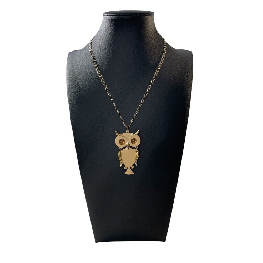 VTG ART Gold Tone Metal Cream Enamel Articulated‎ Jointed Owl Pendant Necklace